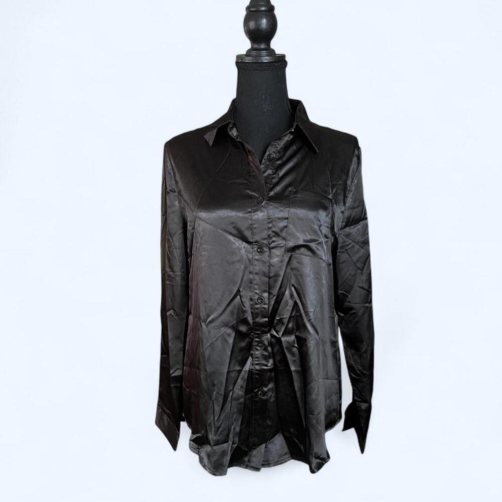 Black satin glam goth button down shirt Size Medium